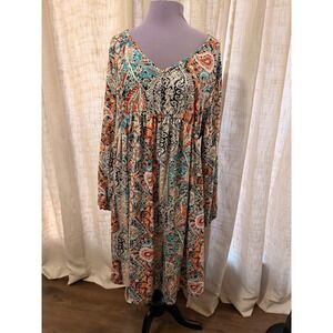 Womens Paisley Print Empire Waist V-Neck Long Sleeve Midi Dress Plus 2XL Boho